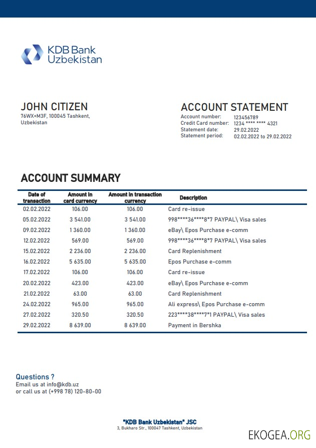 Relevé bancaire de la KDB d'Ouzbékistan